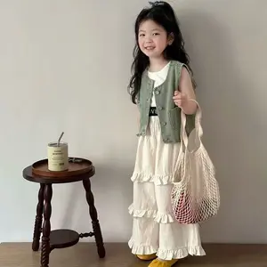 Girls' Outfit 2026 Summer New Korean Style Denim Vest with Letter Print and Ruffled Wide-Leg Pants  Wool Striped Flying Sleeve Elegant Princess Tiered Dress