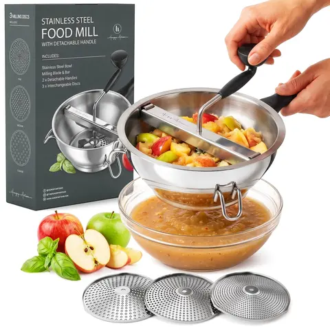 Hungry Artisan Stainless Steel Rust-Resist Food-Grade Hand Crank Grinding Mill - Compact Kitchen Utensil, Detachable Handle, 3 Interchangeable Discs, High-Heat Safe, Easy to Use & Clean, Smooth Crank, Stable, Ideal for Fruit Prep & Busy Parents