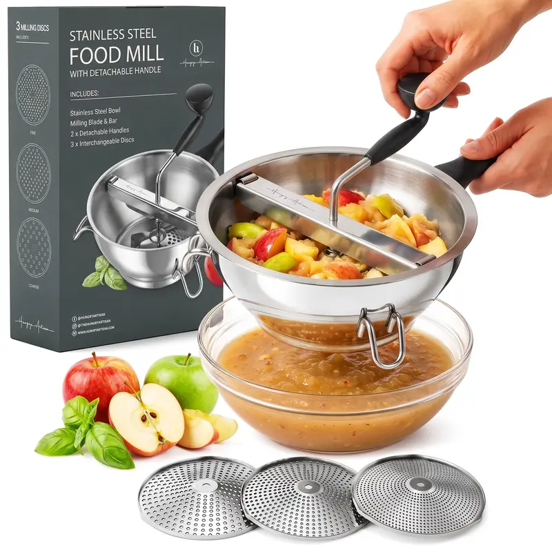 Hungry Artisan Stainless Steel Rust-Resist Food-Grade Hand Crank Grinding Mill - Compact Kitchen Utensil, Detachable Handle, 3 Interchangeable Discs, High-Heat Safe, Easy to Use & Clean, Smooth Crank, Stable, Ideal for Fruit Prep & Busy Parents