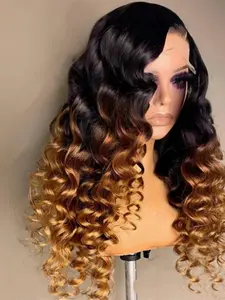 Soft Ombre Brown Glue Pre-Bound 26 Inch Long 180% Density Daily Shadow Medium Curly 13x4x1 Headband Wig Full Lace High Heat Resistant