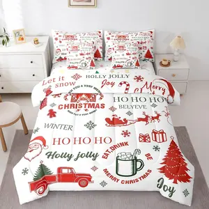 7 Pieces Comforter Set,Christmas Holiday Bed in a Bag,Doodle Xmas Pine Bedding Set,Cartoon Santa Claus Comforter