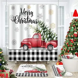 4 Piece Shower Curtain Sets, Plaid Red Christmas Vintage Retro with Non-Slip Rugs, Toilet Lid Cover and Bath Mat, Durable and Waterproof for Bathroom Decor Set, Bathroom Decoration Accessories