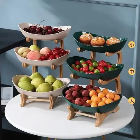 Modern 3-Tier Fruit Basket Stand, Bamboo Frame Snack Tray for Living Room , Space-Saving Countertop Organizer with White Plastic Bowls , Kitchen Countertop Snack Dessert Cake Tray Holder, Countertop Organizer , Decorative Tray , Vegetable Fruit Container