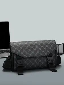 Men's Geometric Pattern Buckle Closure Messenger Bag, PU Leather Crossbody Shoulder Bag, Adjustable Strap, All Seasons Use