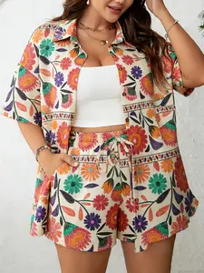 Women's Plus Size Two-Piece Summer Print Set, Short Sleeve Shirt Top & Shorts, Womenswear Casual Vacation Beach Travel