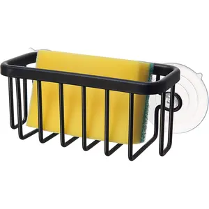 Kitchen and bathroom sink storage rack, suitable for holding sponges, brushes, soap, dimensions are 6" x 2.5" x 2.65", comes with adhesive mounting device - additional suction cups included - made of aluminum (black)