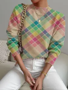 Women's Multicolor Ombre Gradient Plaid Print Stand Collar Short Fitted Sweater, Fall Winter Casual Long Sleeve Knitwear, Comfortable Warm Daily Wear Tops, Womenswear Piece