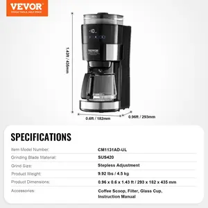 VEVOR Coffee Maker with Grinder, 10 Cup Coffee Machine, Grind and Brew Coffee Maker with 3 Brew Strength Control, Drip Coffee Maker with Adjustable Grinding Coarseness, for Home Office Restaurant