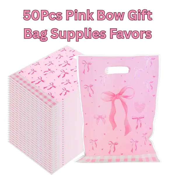 50PCS Pink Bow Party Favor Bags – Light Pink Goodie Bags for Candy, Gifts & Birthday Party Supplies, Perfect for Girls & Themed Events