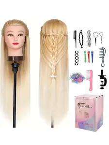 28 Inch Long Straight Hair Training Head with Table Clamp & Tools, Synthetic Hair Styling Head, Hairdressing Head for Braiding