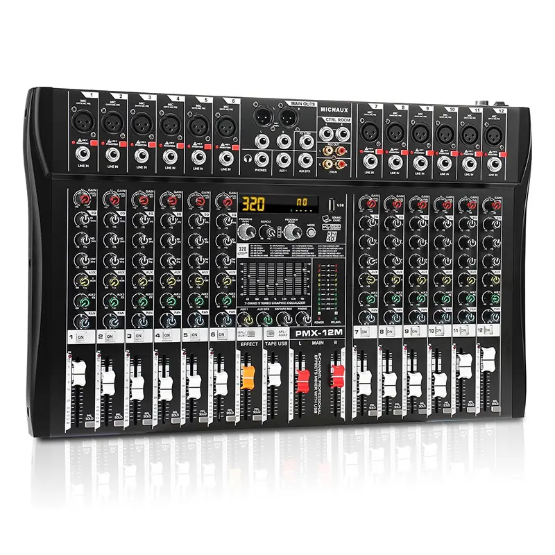 Audio Mixer 12 Channel Professional Mixer Console with 320 DSP Effects 7-band EQ 48V Phantom Power Bluetooth USB MP3 for Recording and Live Events