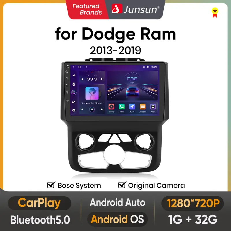 Junsun Car Radio Stereo for Dodge Ram 1500 2500 3500 2013 2014 2015 2016 2017 2018 Android 13 Auto GPS navigation 9 inch HD touchscreen multimedia video player DSP Wireless Carplay