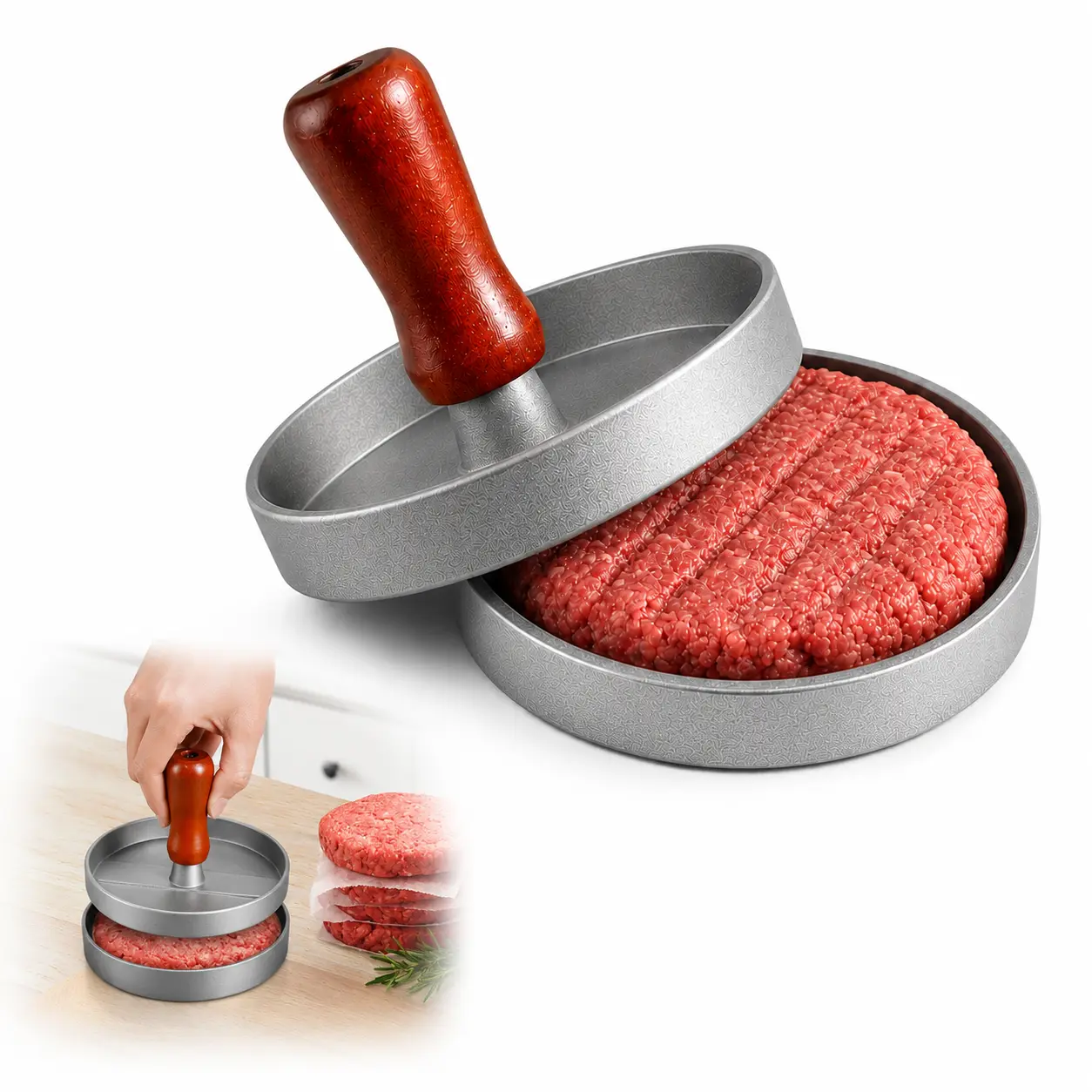 Handheld Stainless Steel Single-Piece Burger Patty Press - Rust-Proof, Smooth, Non-Stick Kitchen Utensil for Household Daily Family Cooking & Barbecue Parties