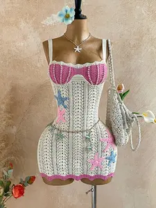 Women's Vacation Knit Textured Fabric Ocean Shell Mini Dress, Sexy Party Date Beach Holiday Summer Outfit, Suitable For Holiday Date, Afternoon Tea, Wedding Season, Beach Cruise Vacation, City Road Trip Vacation, Boho Vacation, Music Festival Summer Sexy