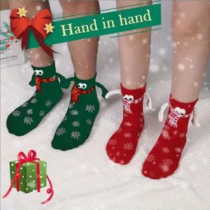 2 Pairs of 3D Eyes Cartoon Christmas Socks with Magnetic Design- Cute Hand in Hand Mid-Calf Socks, Playful Holiday Socks, Hand Wash Care, Soft Fabric Socks, Novelty Christmas Wear, Christmas Enthusiasts, Gift Shoppers