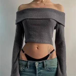 Solid Color Ribbed Off Shoulder Long Sleeve Crop Top for Women's 2025 Fall & Winter New Arrival Flared Sleeve Slim Fit Casual Elegant Dating Party Outfit Versatile with Jeans or Skirts Short Sweater Tops
