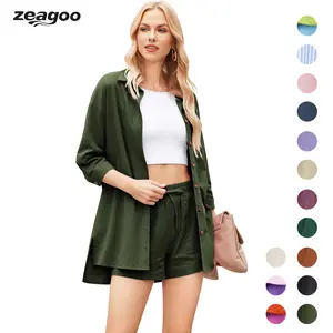 Highland.fashion Selection Live Zeagoo Women’s 2 Piece Lounge Tracksuit Outfit Sets 2025 New Linen High Low Shirt and Drawstring Casual Shorts New Summer Clothes Chic