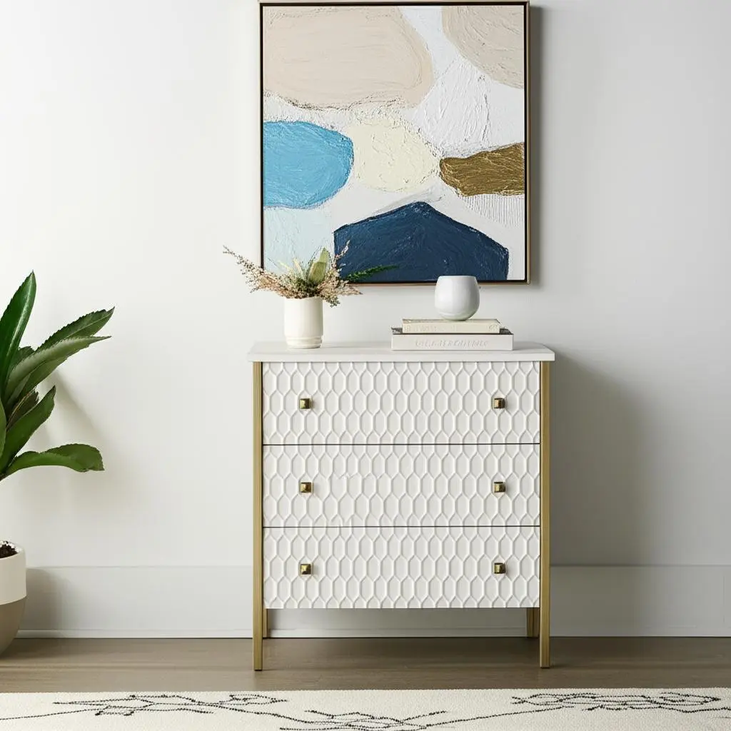 HomeRoots 611039 Sturdy Freestanding Fully Assembled 32 in. Gold & White Wood & Metal Carved Geometric Composite Accent Cabinet - Single Unit, 3 Doors, 1 Soft-Close Drawer, for Transitional Interior Design