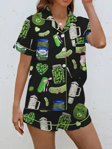 Women's Cartoon Print Pyjama Set, Short Sleeve Button-Up Top & Elastic Shorts, Casual Fitted Sleepwear Loungewear Pajamas for All Seasons