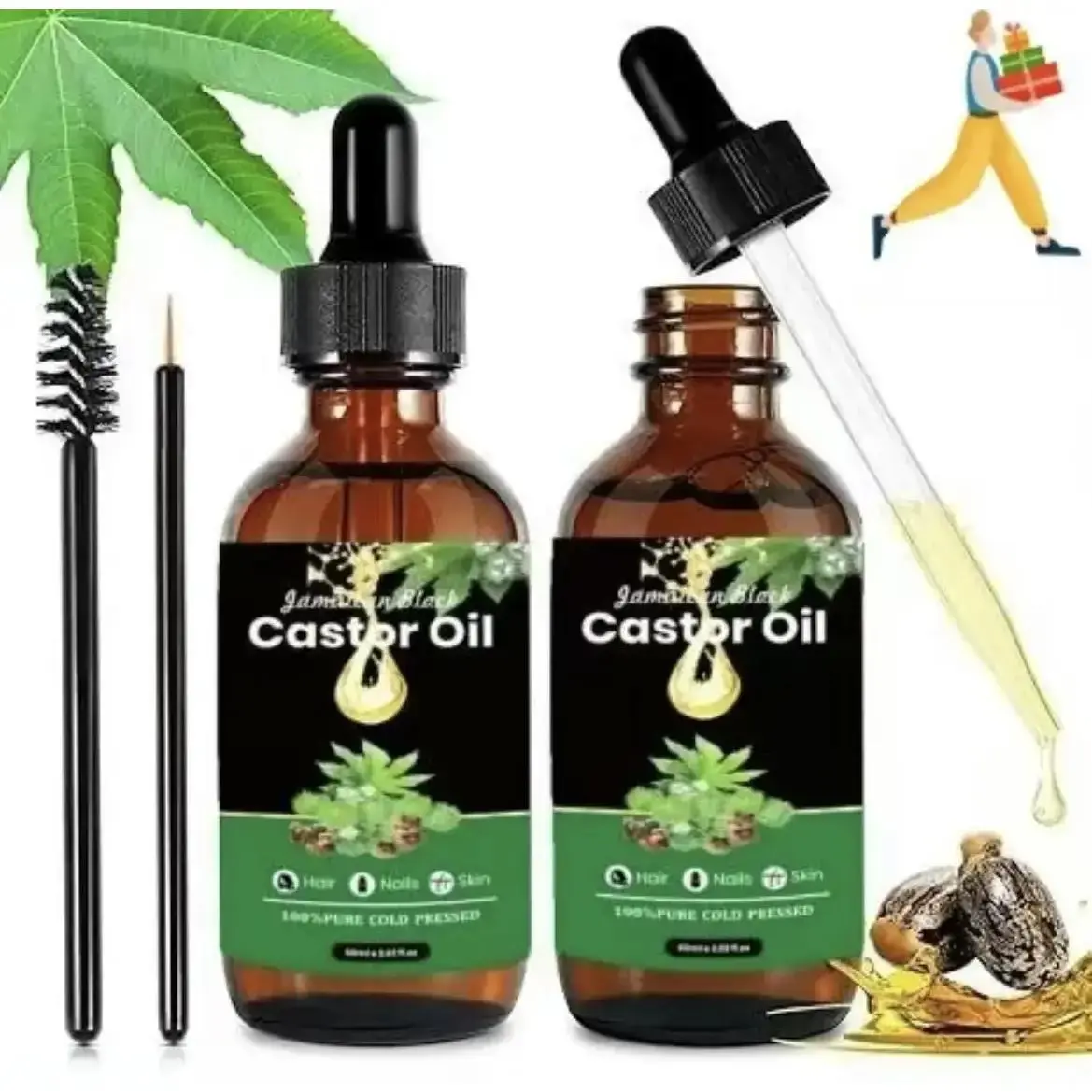 100% Pure Cold Pressed Gentle Jamaican Black Castor Oil - Hair Growth Stimulator, Scalp Strengthener, Hair Care Treatment with Applicator Kit (Including Lash Brush) for Skin, Nails, Stronger Thicker Hair