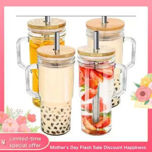 24oz Glass Cups with Lids and Straws - Glass Tumbler cup with bamboo lids and straw iced coffee cup Reusable Drinkware Perfect for gifts#Summer vibes