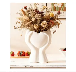 A Heart Held in Two Hands White Vases for Flowers - Cute Modern Small Ceramic Flower Vase for Pampas Grass - Decorative Table Vase for Coffee or Dining Table Centerpiece, Shelf - Gift for Mom (White)