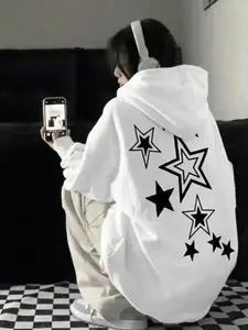 Women's Star Print Fleece Hoodie, Loose Fit Pullover Sweatshirt, Soft Knit Clothing, Casual Street Style, Fall & Winter Fashion