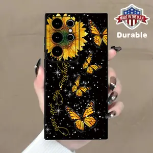 Sunflower & Dancing Butterfly Print Case For SamSung For Galaxy |     Smudge-Proof & Shock Absorbent | Black Classic Series | Premium Frosted Protection | Compatible with S20, S21, S23, Ultra Plus, FE 5G Smartphone Shockproof Cover Protective Protector