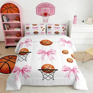 Basketball Kids Bedding Comforter Set,Girls Sport Bow Bedding Set,All Season,Pink Bowknot Basketball Hoop Bedroom Quilt Set,Girly Sport Duvet Insert