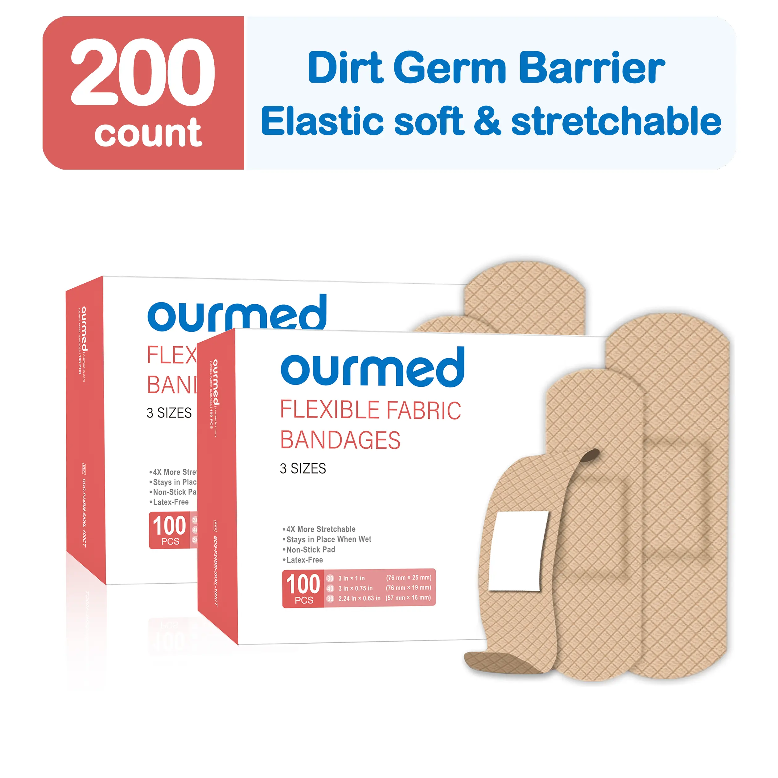 Ourmed Flexible Fabric Adhesive Bandages, 100/200 Count, Latex Free First Aid Bandage with Non-Stick Pad for Wound Care, Cuts, Scrapes, Blisters, Assorted Sizes