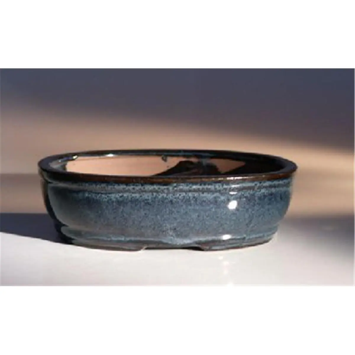 212 MAIN Glazed Chinese Ceramic Oval Bonsai Pot - 7.75x6x2.5 in Land-Water Divider Planter, Imported Blue Ceramic Pottery Flower Pots with Water Holding, for Home Plant Decor, Land/Water Pot
