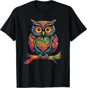 100% Cotton Owl Perched On A Tree Branch Colorful Pattern Owl Lover T-Shirt
