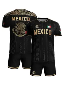 Mexico Gold National Emblem Soccer Jersey Kit, Grit Son Sport, Fitted Tee Without Button, All Seasons, Long Regular Track Shorts