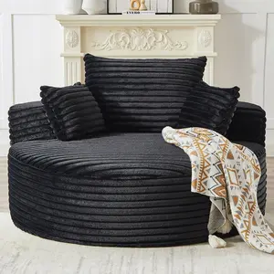 【#TikTokShopDealsforYouDays】Oversized Round Chaise Lounge Chair Indoor, 55'' Corduroy Deep Seat Circle Single Floor Sofa Chairs, Modern Upholstered Sponge Armchair, Cloud Sleeper Chair for Living Room, Bedroom Apartment, Black