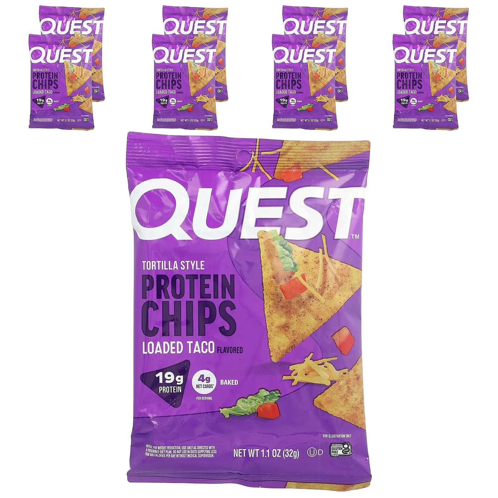 Quest Nutrition Tortilla Style Protein Chips, Loaded Taco, 8 Bags, 1.1 oz (32 g) Each Quest Nutrition Tortilla Style Protein Chips, Loaded Taco, 8 Bags, 1.1 oz (32 g) Each