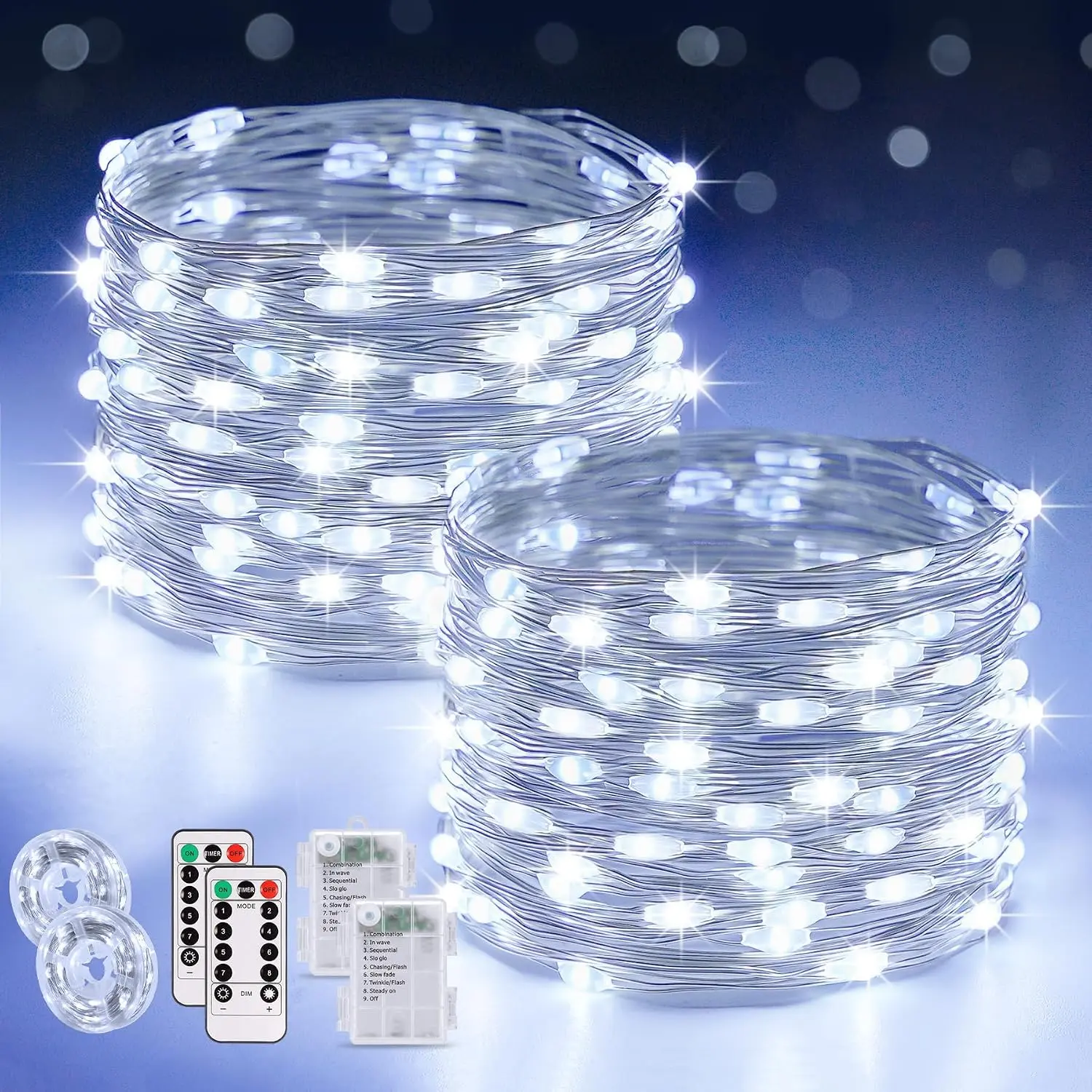 2 Pack White Fairy Lights Battery Operated, Total 200 LED 66ft Twinkle Lights with Remote, 8 Mode White String Lights for Bedroom Ceiling Centerpiece Tree Indoor Outdoor Decor