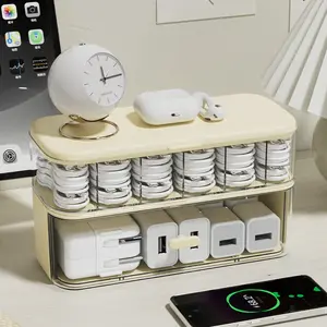 Modern Desktop Data Cable Organizer for Mobile Phone Chargers Compartmentalized Cable Winder Power Cord Storage Solution with Clear Compartments
