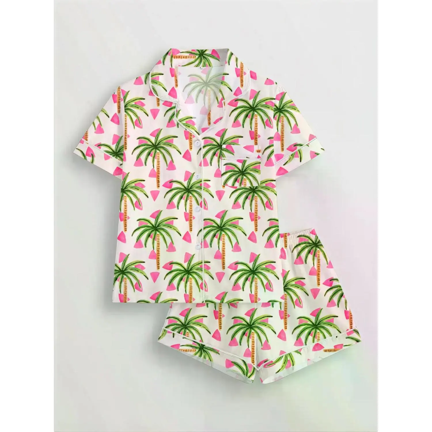 Women's Coconut Tree Print Sleepwear Set - Short Sleeve Button-Up Top & Elastic Waist Shorts, Casual Loungewear Pajamas for All Seasons