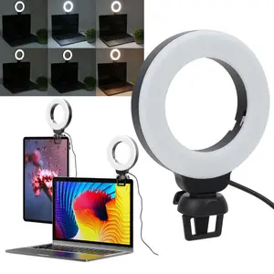 Video Conference 4 Inch LED Selfie Light USB Powered Round Camera Lamp Dimmable with 3 Levels Brightness & Color Temperature Adjustable for Makeup & Webcast - Cellphone