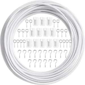 Curtain Wire with Self-Adhesive Hooks, Hooks and Eyes for Net Curtain Rod (12 Meters, 16 Pairs)