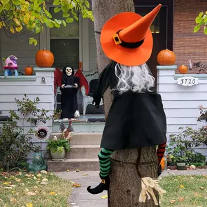 53" Halloween Crashing Witch Tree Decoration - Outdoor Halloween Yard Decor for Porch, Door, Fence & Pillar - Weather-Resistant Funny Flying Witch Hitting Tree Prop