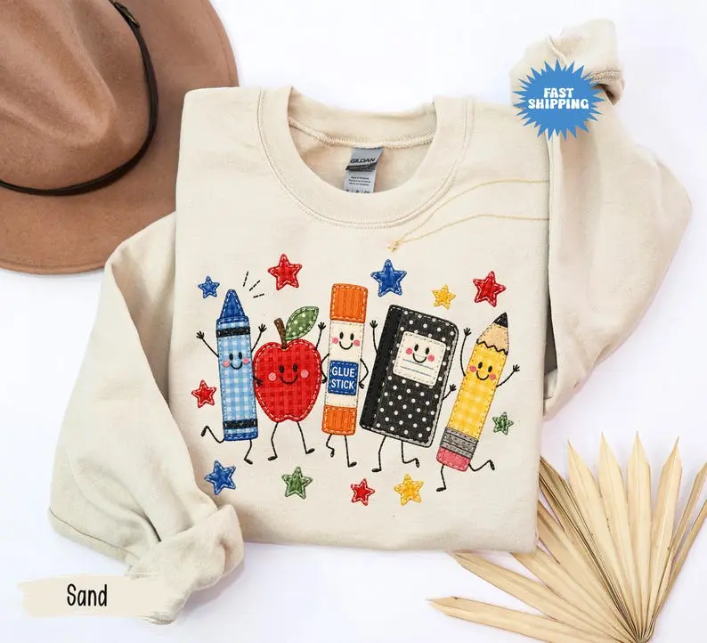 Back to School Sweatshirt, Apple Pencil Notebook Graphic Shirt, Doodle School Teacher Sweater, Cute Teacher Gift, Teacher Gildan Crewneck Womenswear