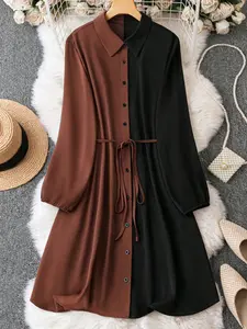 Elegant Plus Size Fitted Women's Dress, Comfortable Soft Casual Colorblock Design, Woven Fabric Womenswear, Versatile A-Line Style, Perfect for Daily Wear