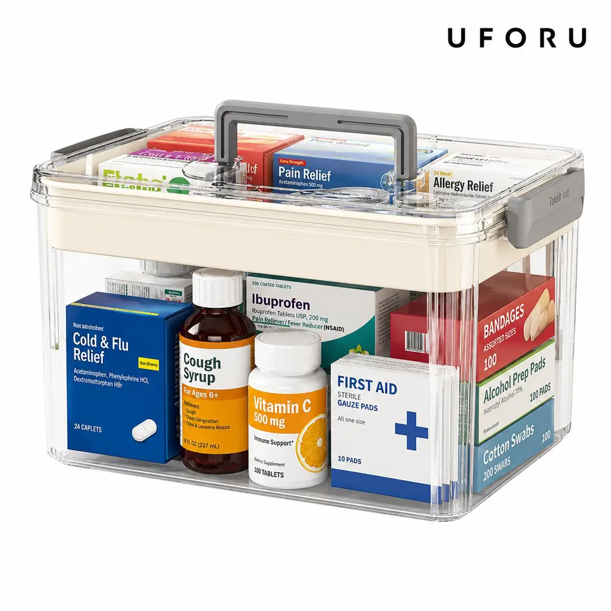 UFORU Double-Layer Transparent PET Medicine Box with Handle, Sealed and Moisture-Proof, Large Capacity First Aid Storage Case for Home, School, and Travel