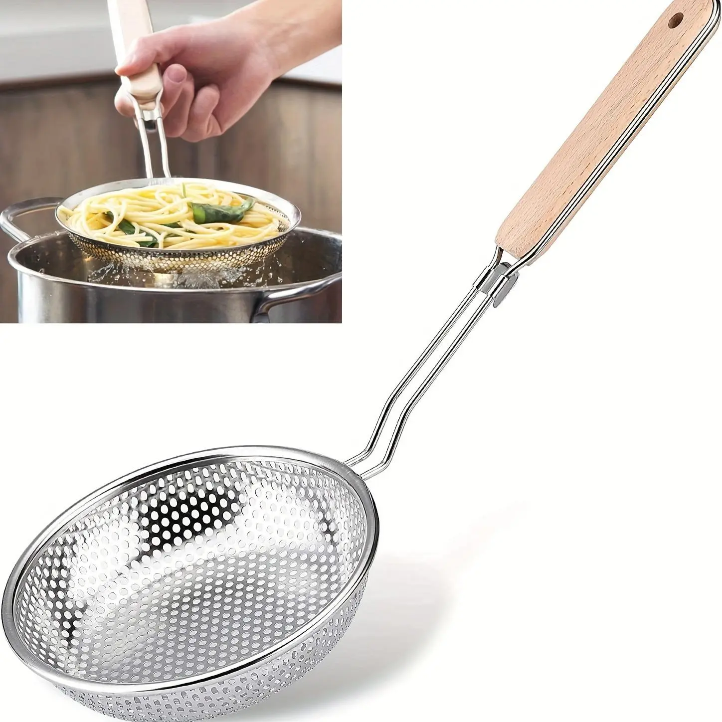 Stainless Steel Skimmer Spoon, Fine Mesh Strainer Spoon with Wooden Handle, Modern Kitchen Utensils Gadgets, Durable Kitchenware, Kitchen Tool for Cooking, Straining & Serving