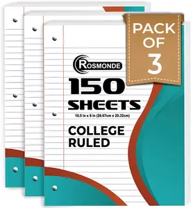 Loose Leaf Paper, 450 Sheets, 3 Pack, College Ruled Paper, 8" x 10.5", Bulk Office Filler Paper, 3 Hole Punched, 150 Sheets/Pack, 56 gsm Paper, College Ruled Notebook Paper for Binder, White