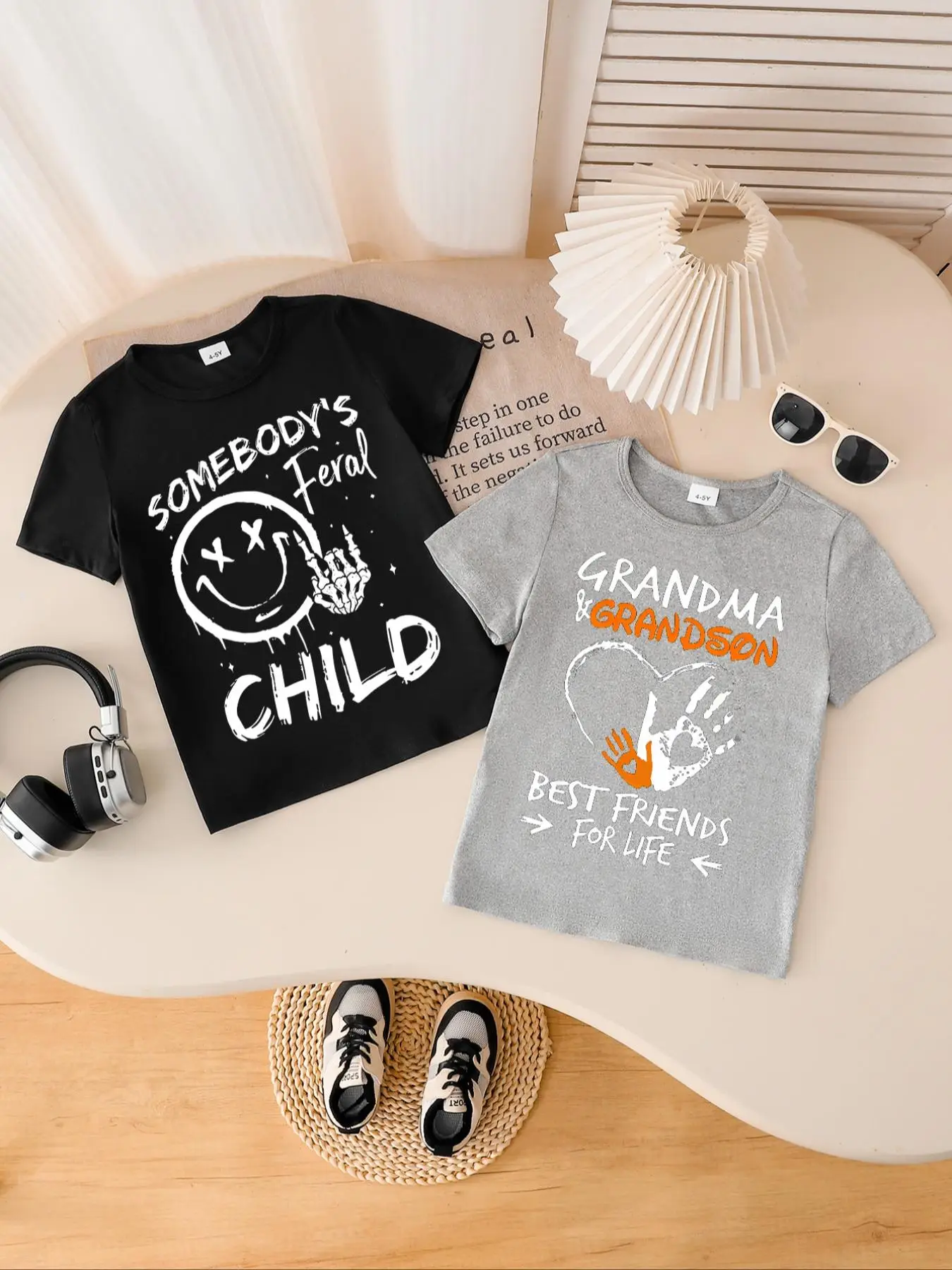 Toddler Boy's Letter Print Short Sleeve Tee & Grandma's Child Print Short Sleeve T-Shirt, Casual Summer Clothes for Kids Outdoor Holiday, Tops