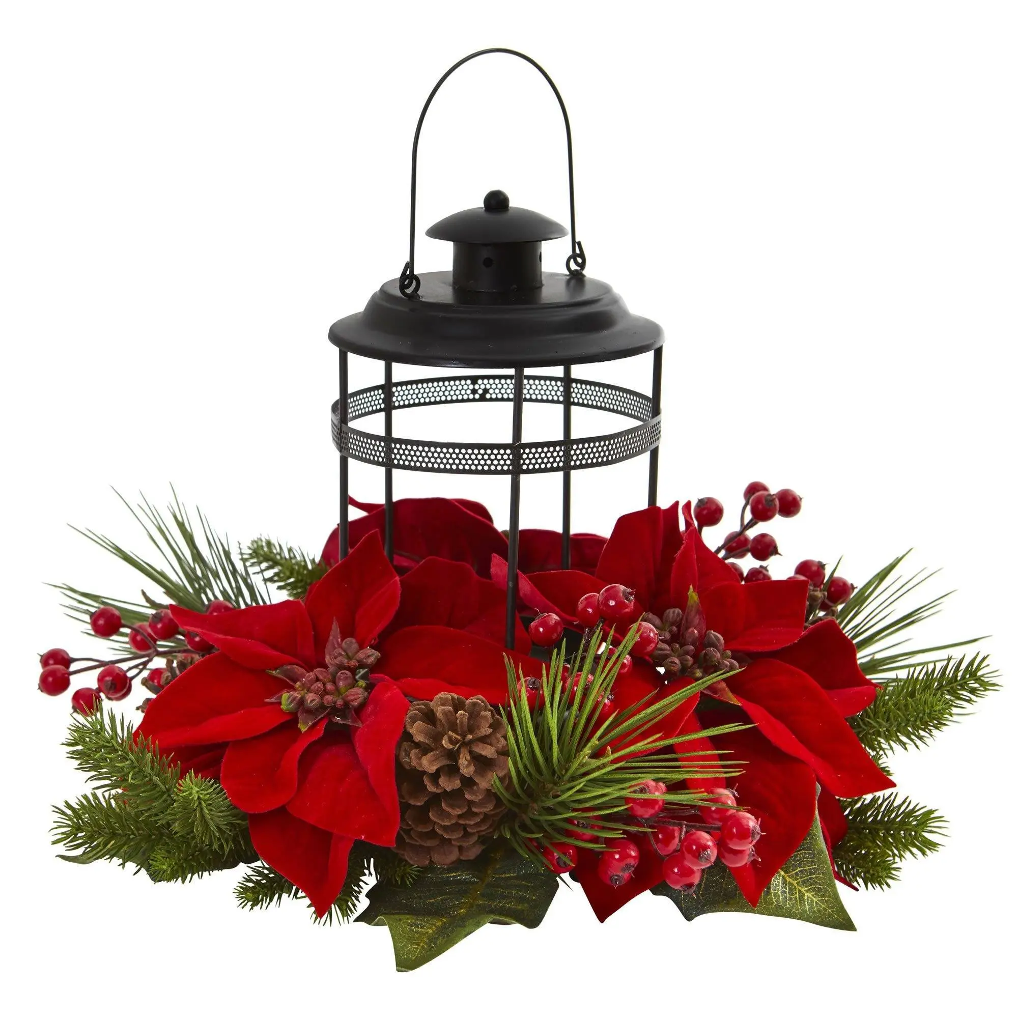 Artificial Poinsettia, Berry & Pine Arrangement Candelabrum - Home Decor Centerpiece, Table Ornament