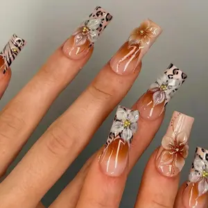S132 Nailed by Vibe- Leopard Print Floral Press-On Nails, 3D White & Brown Flowers with Gold Beads, Nude to Brown Ombre, Extra Long Coffin Shape, Bold Chic Vibes, Handmade Custom Nail