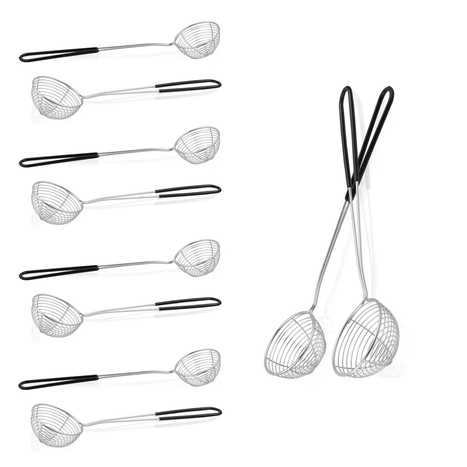 10Pcs Durable Thick Stainless Steel Kitchen Utensils Set - 2.5In Mini Mesh Skimmers, Spider Strainer Scoops, Ladle with Long Handles, Spoons, High-Polish Finish, Easy to Clean, Dishwasher Safe Home Improvement Tools (Black)
